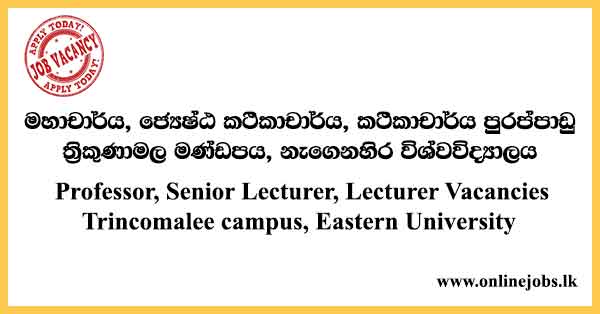 Professor, Senior Lecturer, Lecturer Vacancies Trincomalee campus, Eastern University
