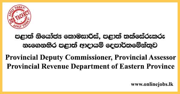 Provincial Deputy Commissioner, Provincial Assessor - Provincial Revenue Department of Eastern Province Vacancies 2024